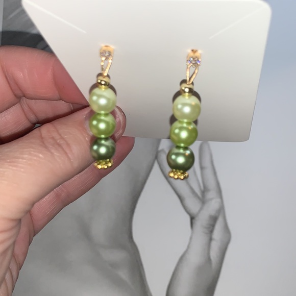 Hand Crafted Faux Green Pearl Dangle Cubic Zirconia Stud Post Earrings - Picture 7 of 9